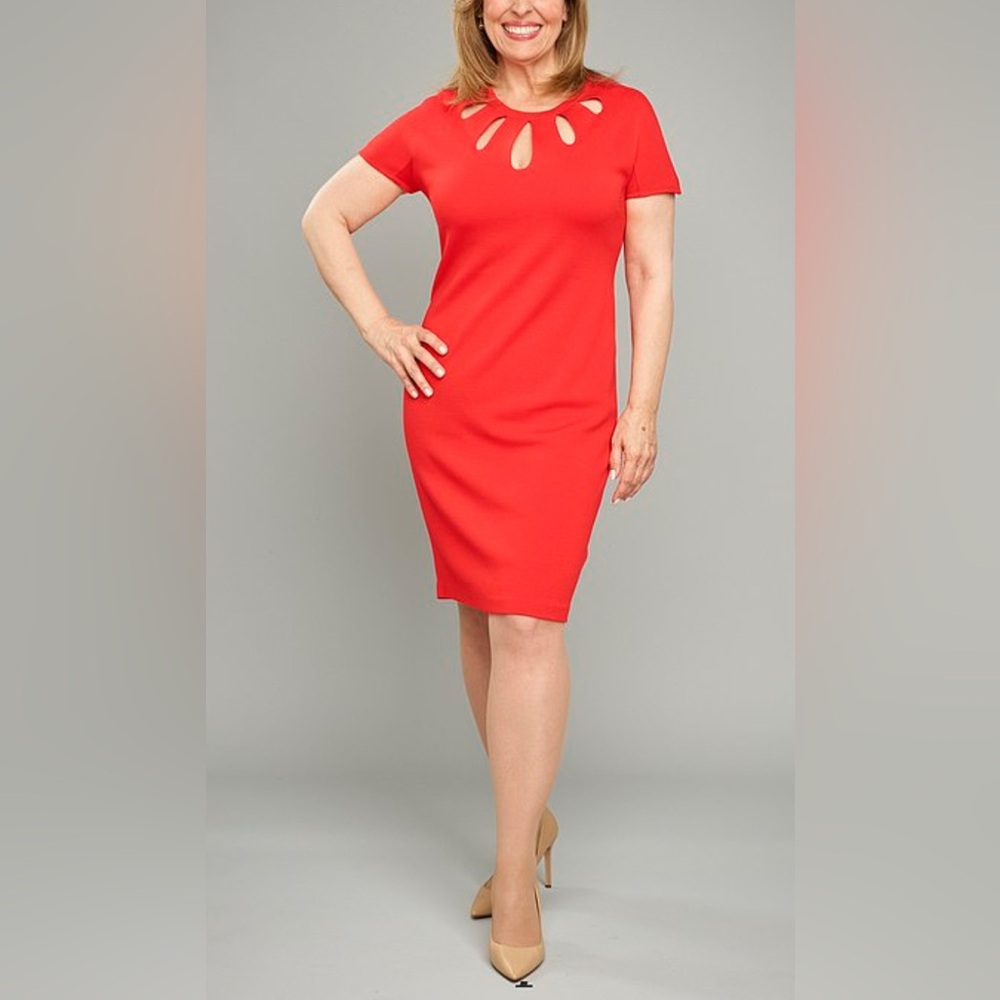 Talbots Sheath Dress 14WP 14 W P Red Cut Out Neck Stretch Short Sleeve Washable
